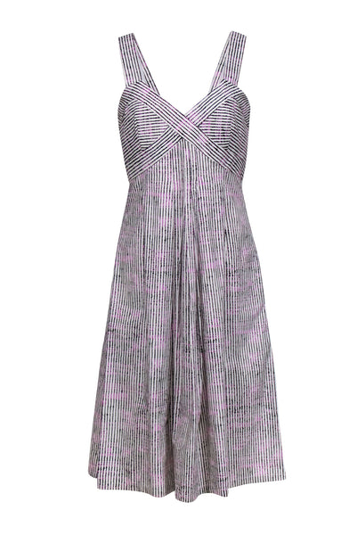 Summer Pleated Hidden Back Zipper Cotton Striped Print Cocktail Midi Dress