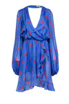 Above the Knee Elasticized Waistline Floral Print Fit-and-Flare Plunging Neck Open-Back Draped Fitted Dress With Ruffles
