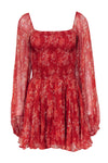 Fall Smocked Square Neck Sheer Sleeves Striped Floral Print Short Stretchy Dress With Ruffles