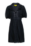 Embroidered Pleated Semi Sheer Button Front Puff Sleeves Short Sleeves Sleeves Above the Knee Dress With Ruffles