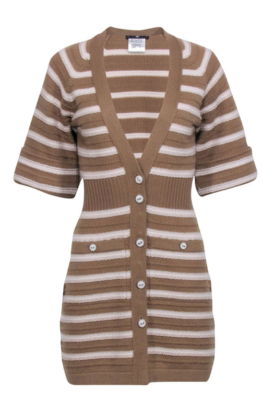 Sweater Elasticized Waistline Pocketed Button Closure Fall 2015 Striped Print Dress