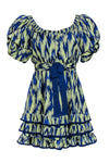 Abstract Print Cocktail Short Elasticized Waistline Off the Shoulder Tiered Party Dress With a Bow(s) and a Ribbon