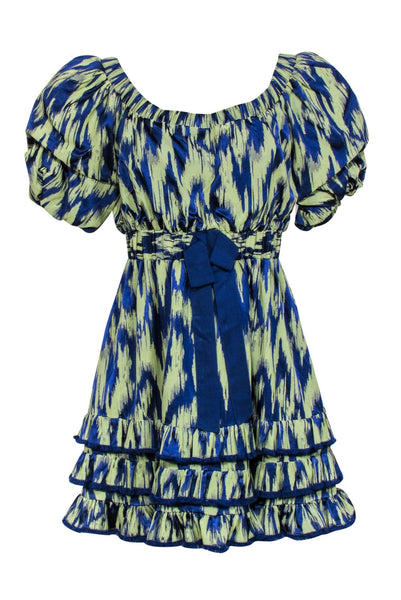 Elasticized Waistline Cocktail Short Off the Shoulder Abstract Print Tiered Party Dress With a Bow(s) and a Ribbon