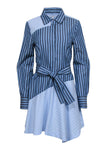 Sophisticated Cotton Shift Tie Waist Waistline Belted Button Front Collared Striped Print Shirt Dress With Ruffles