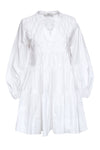 V-neck Long Sleeves Cotton Snap Closure Pocketed Tiered Pleated Dress