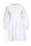 V-neck Long Sleeves Tiered Pocketed Snap Closure Pleated Cotton Dress