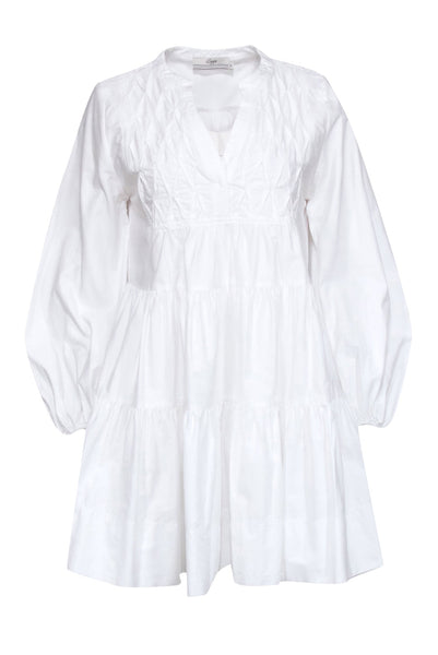 V-neck Pleated Tiered Pocketed Snap Closure Cotton Long Sleeves Dress