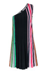 Polyester Above the Knee Hidden Side Zipper Pleated One Shoulder Striped Print Dress With a Ribbon