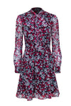 A-line Short Long Sleeves Button Closure Hidden Side Zipper Keyhole Sheer Floral Print Silk Dress