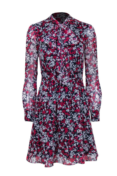 A-line Short Button Closure Sheer Hidden Side Zipper Keyhole Long Sleeves Silk Floral Print Dress