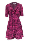 A-line General Print Collared Silk Short Sleeves Sleeves Tie Waist Waistline Wrap Dress With Ruffles