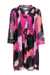 Sheer Sleeves Tiered Short Collared Abstract Print Shirt Dress