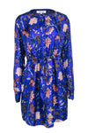 Pocketed Drawstring Slit Button Front Silk Floral Print Long Sleeves Shirt Dress