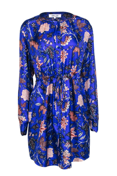 Button Front Pocketed Slit Drawstring Silk Floral Print Long Sleeves Shirt Dress