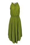 Elasticized Waistline Sleeveless High-Low-Hem Smocked Button Front Pleated Midi Dress