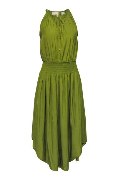 Elasticized Waistline Smocked Pleated Button Front High-Low-Hem Sleeveless Midi Dress