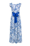Floral Print Elasticized Tie Waist Waistline Summer Polyester Cap Sleeves Off the Shoulder Maxi Dress