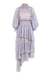 Floral Print Keyhole Tiered Button Closure Mock Neck Smocked Maxi Dress With Ruffles