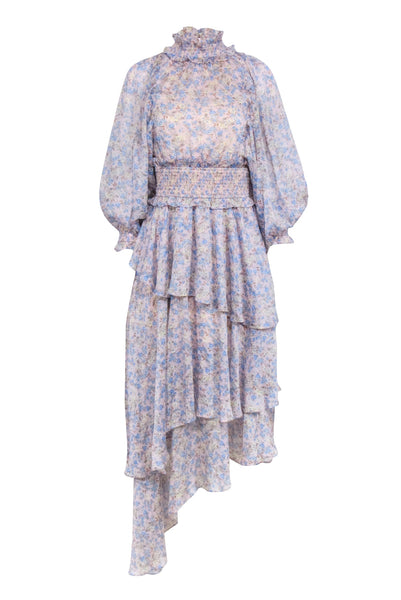Tiered Button Closure Keyhole Mock Neck Smocked Floral Print Maxi Dress With Ruffles