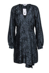 V-neck Pleated Gathered Hidden Back Zipper Fitted Fit-and-Flare Animal Leopard Print Long Sleeves Little Black Dress