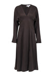 A-line V-neck Draped Slit Hidden Back Zipper Long Sleeves Empire Waistline Midi Dress