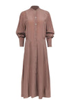 Collared Pleated Pocketed Banding Button Front Silk Long Sleeves Shirt Maxi Dress/Midi Dress