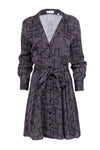 V-neck Button Front Geometric Print Tie Waist Waistline Shirt Dress