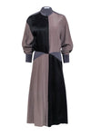 Sophisticated Pleated Button Front Banding Pocketed Colorblocking Silk Long Sleeves Collared Midi Dress