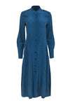 Pocketed Pleated Button Front Slit Banding Long Sleeves Collared Silk Shirt Midi Dress