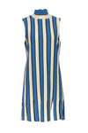 Sleeveless Frill Trim Cotton Shift Striped Print Mock Neck Hidden Side Zipper Keyhole Dress