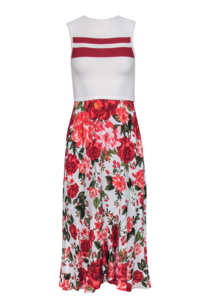 Summer Keyhole Hidden Side Zipper Sleeveless Striped Floral Print Dress