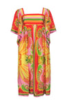 Viscose Square Neck Summer Tropical Print Pocketed Pleated Hidden Back Zipper Beach Dress/Midi Dress