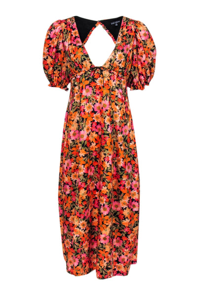 V-neck Puff Sleeves Sleeves Smocked Slit Open-Back Hidden Back Zipper Floral Print Midi Dress