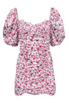 Floral Print Hidden Back Zipper Ruched Lace Trim Sweetheart Short Puff Sleeves Sleeves Dress