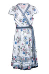 Sophisticated Striped Floral Print Wrap Pleated Self Tie Short Sleeves Sleeves Party Dress