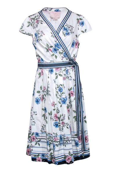 Sophisticated Short Sleeves Sleeves Striped Floral Print Wrap Self Tie Pleated Party Dress