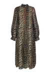 High-Neck Mock Neck Animal Leopard Print Polyester Pleated Hidden Back Zipper Long Sleeves Maxi Dress