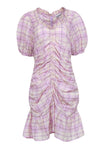 Checkered Print Short Puff Sleeves Sleeves Summer Ruched Hidden Back Zipper Scoop Neck Dress With Ruffles
