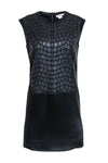 General Print Short Shift Sleeveless Applique Back Zipper Mesh Round Neck Little Black Dress