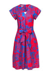 A-line V-neck Summer Linen Floral Print Cap Sleeves Sleeveless Hidden Back Zipper Belted Pleated Dress