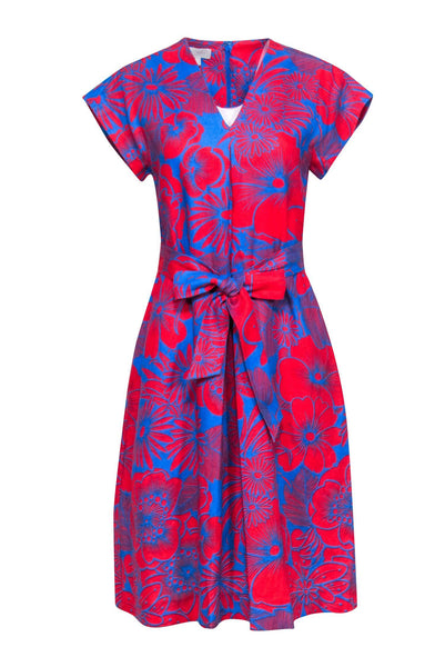 A-line V-neck Linen Summer Cap Sleeves Sleeveless Floral Print Hidden Back Zipper Belted Pleated Dress