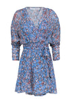 V-neck Short Floral Print Long Sleeves Tie Waist Waistline Wrap Ruched Belted Viscose Dress With Ruffles