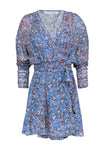 V-neck Long Sleeves Ruched Wrap Belted Viscose Tie Waist Waistline Floral Print Short Dress With Ruffles