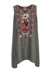 Scoop Neck Shift Summer Linen Embroidered Short Sleeveless Floral Print Dress