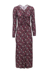 V-neck Spandex Floral Print Stretchy Ruched Long Sleeves Maxi Dress
