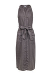 Tie Waist Waistline Pocketed Button Front Linen Sleeveless Midi Dress With a Sash