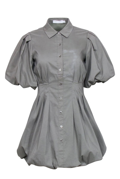 Short Pleated Hidden Side Zipper Bubble Dress Shirt Dress