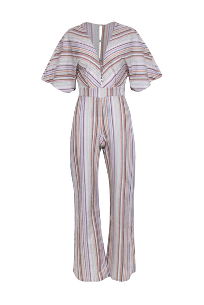 Striped Print Keyhole Short Sleeves Sleeves Plunging Neck Jumpsuit