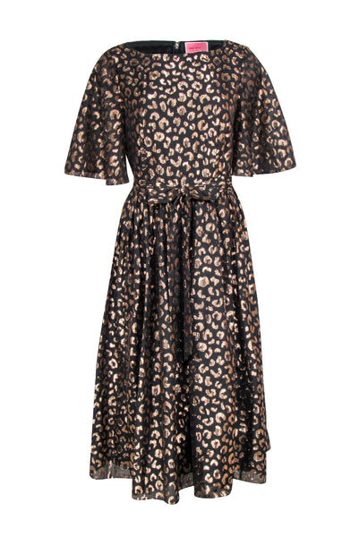 Tall Animal Leopard Print Short Sleeves Sleeves Hidden Back Zipper Tie Waist Waistline Midi Dress With a Sash