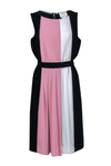 Pleated Pocketed Slit Belted Polyester Sheath Sleeveless Sheath Dress